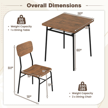 Modern 3 Piece Dining Table Set with Wood Square Table and 2 Metal Frame Chairs