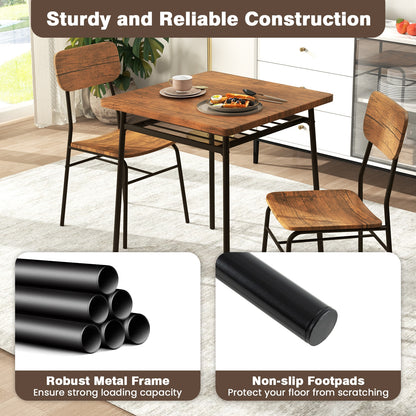 Modern 3 Piece Dining Table Set with Wood Square Table and 2 Metal Frame Chairs