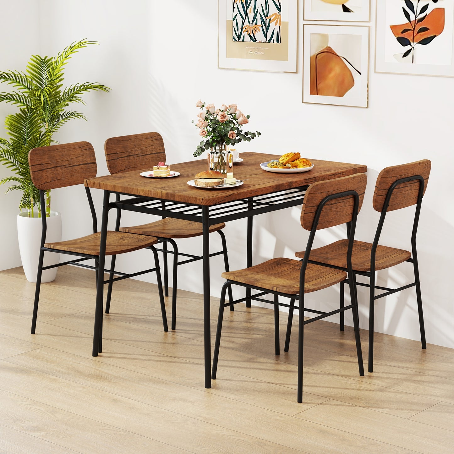 5 Piece Dining Set with Storage Rack and Metal Frame for Kitchen or Small Spaces