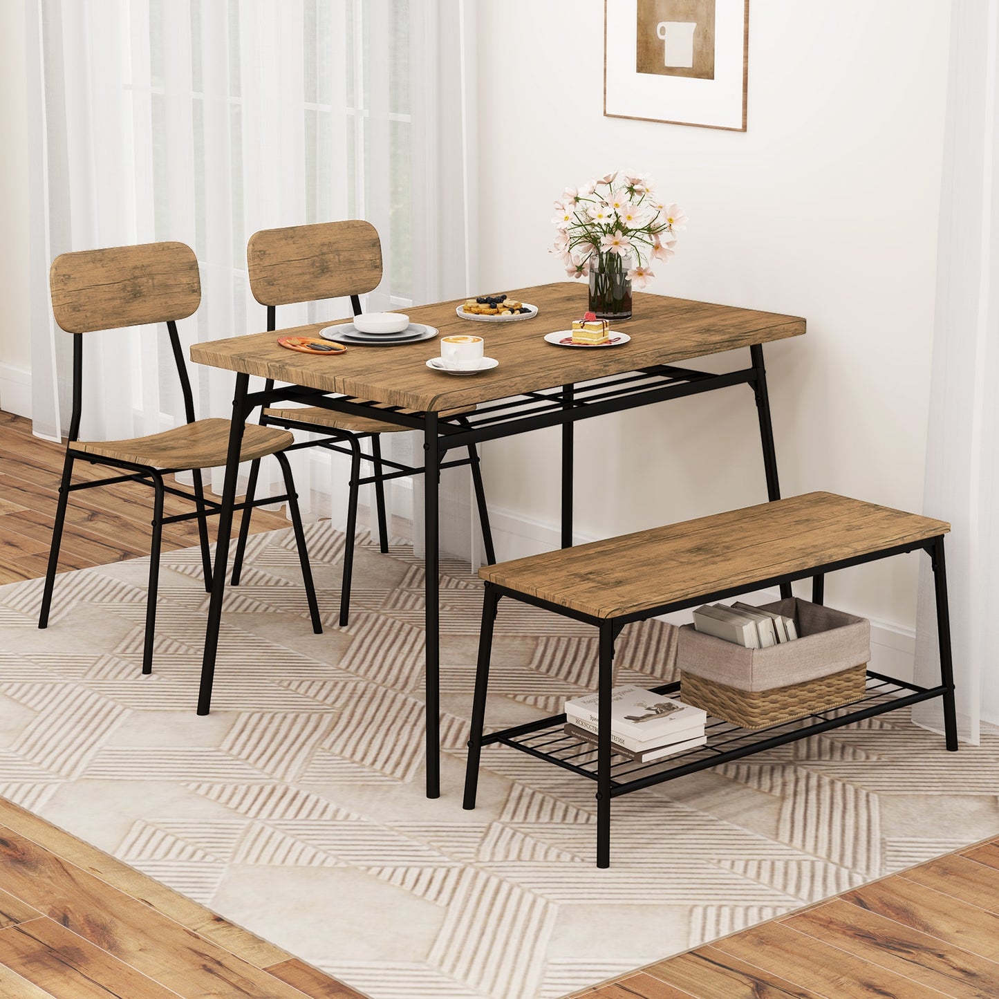 4 Piece Dining Set with Bench and 2 Chairs Metal Frame Modern Kitchen Table Furniture