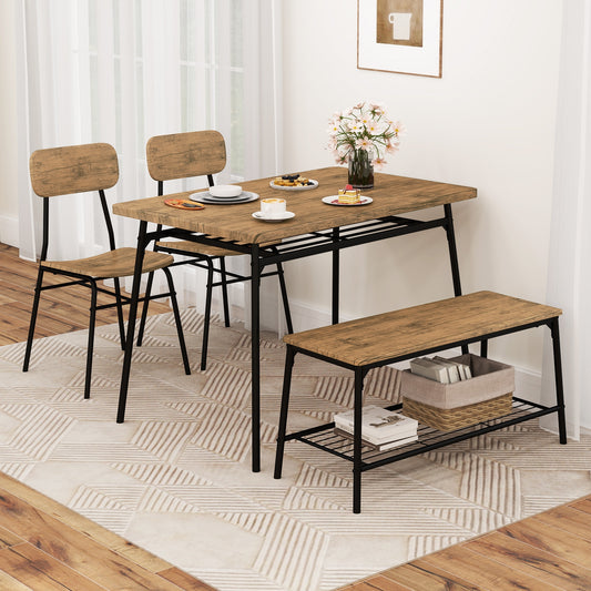 4 Piece Dining Set with Bench and 2 Chairs Metal Frame Modern Kitchen Table Furniture