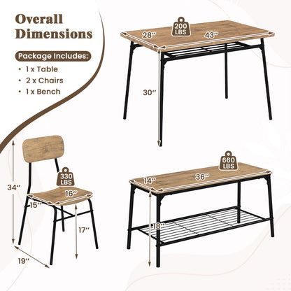 4 Piece Dining Set with Bench and 2 Chairs Metal Frame Modern Kitchen Table Furniture