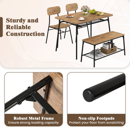 4 Piece Dining Set with Bench and 2 Chairs Metal Frame Modern Kitchen Table Furniture