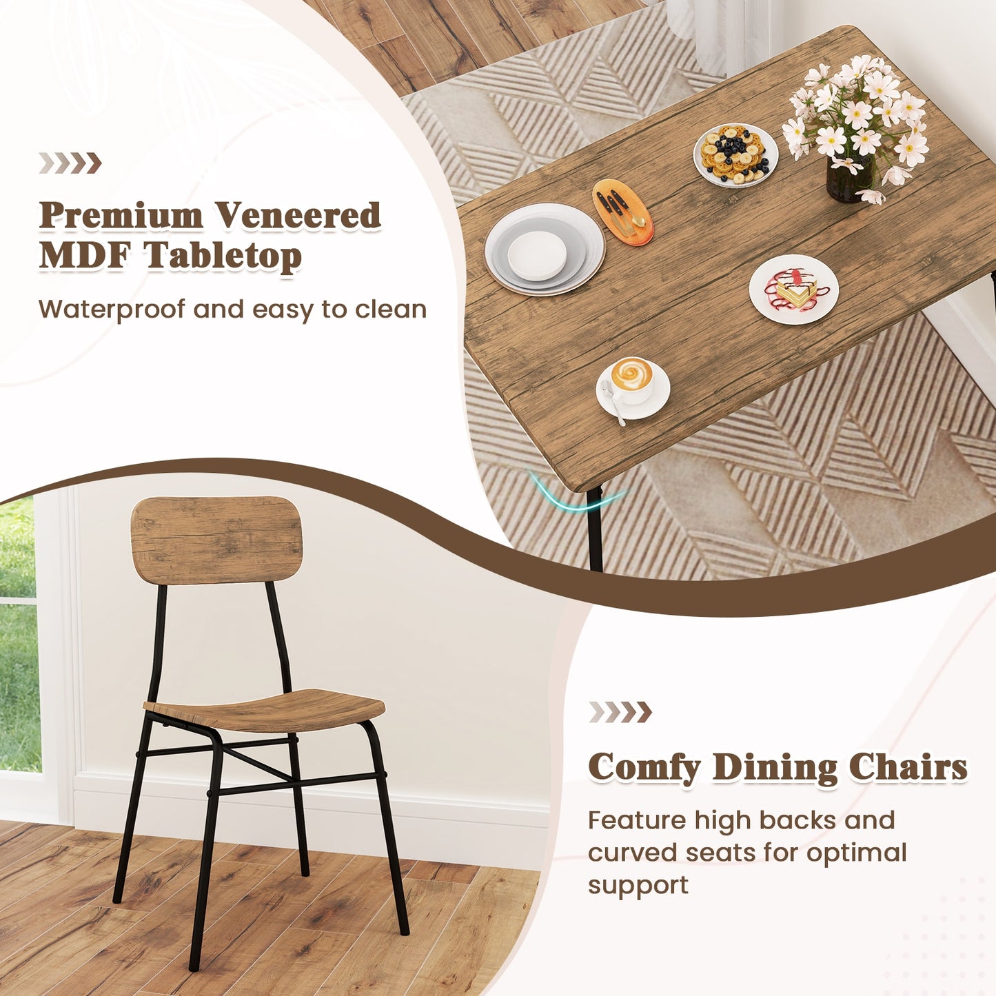 4 Piece Dining Set with Bench and 2 Chairs Metal Frame Modern Kitchen Table Furniture