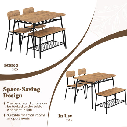 4 Piece Dining Set with Bench and 2 Chairs Metal Frame Modern Kitchen Table Furniture