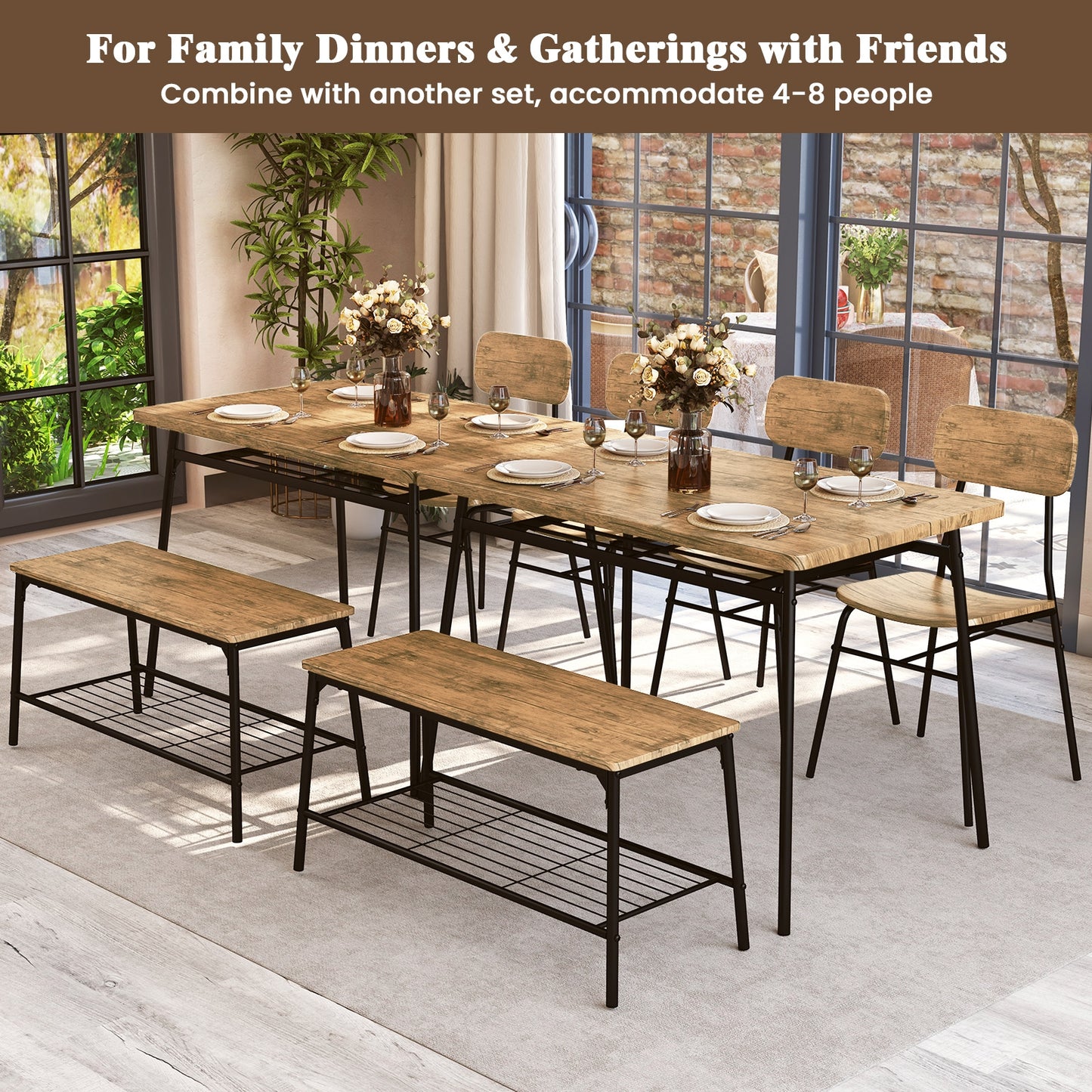 4 Piece Dining Set with Bench and 2 Chairs Metal Frame Modern Kitchen Table Furniture