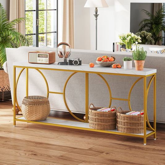 Elegant 2-Tier Console Table with Faux Marble Top and Storage Shelf