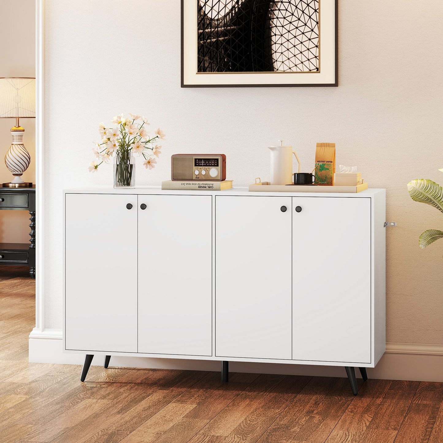 Mid Century Modern Buffet Cabinet with Adjustable Storage Shelves - White