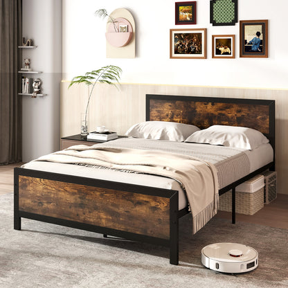 Farmhouse Style Metal Bed Frame with Wooden Touches and Silent Support, Full Size