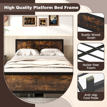 Farmhouse Style Metal Bed Frame with Wooden Touches and Silent Support, Full Size