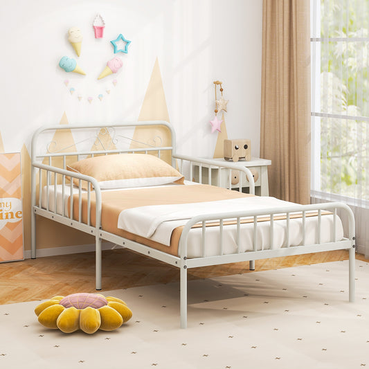 Modern Twin Metal Bed Frame with Headboard and Safety Guardrails – White