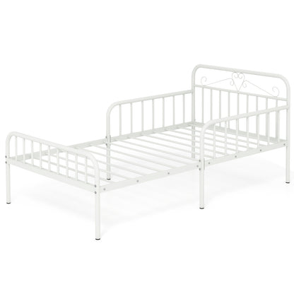 Modern Twin Metal Bed Frame with Headboard and Safety Guardrails – White
