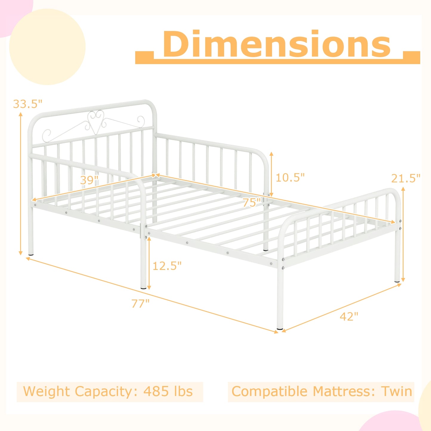 Modern Twin Metal Bed Frame with Headboard and Safety Guardrails – White