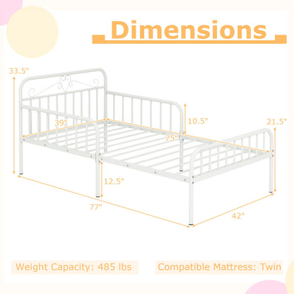 Modern Twin Metal Bed Frame with Headboard and Safety Guardrails – White