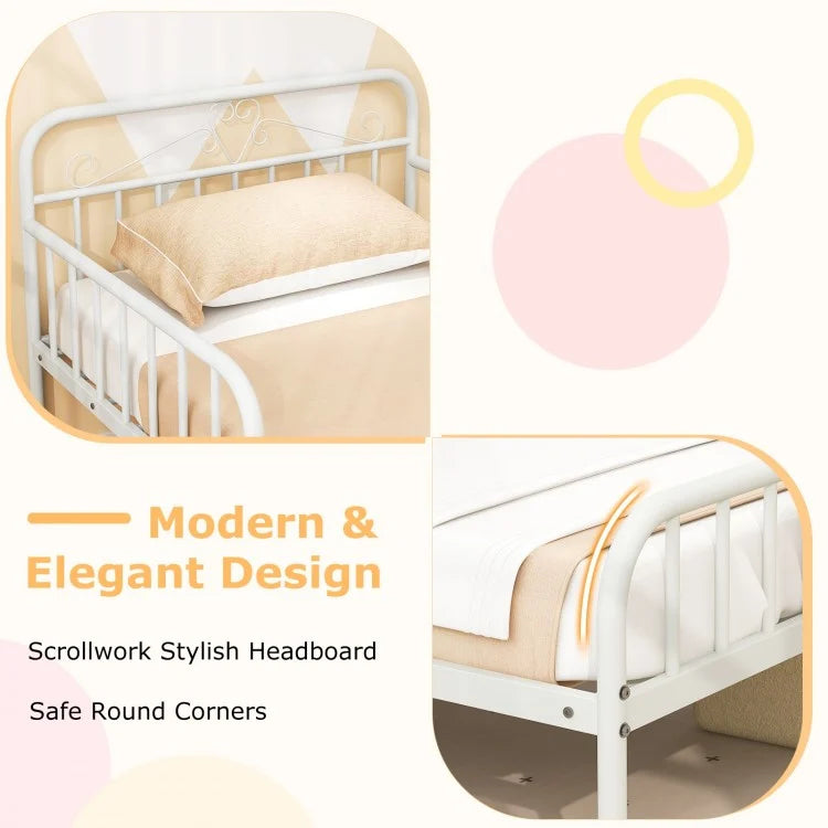 Modern Twin Metal Bed Frame with Headboard and Safety Guardrails – White