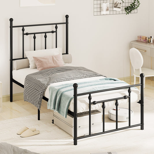 Black Metal Bed Frame with Slatted Base and Elevated Headboard, Twin Size