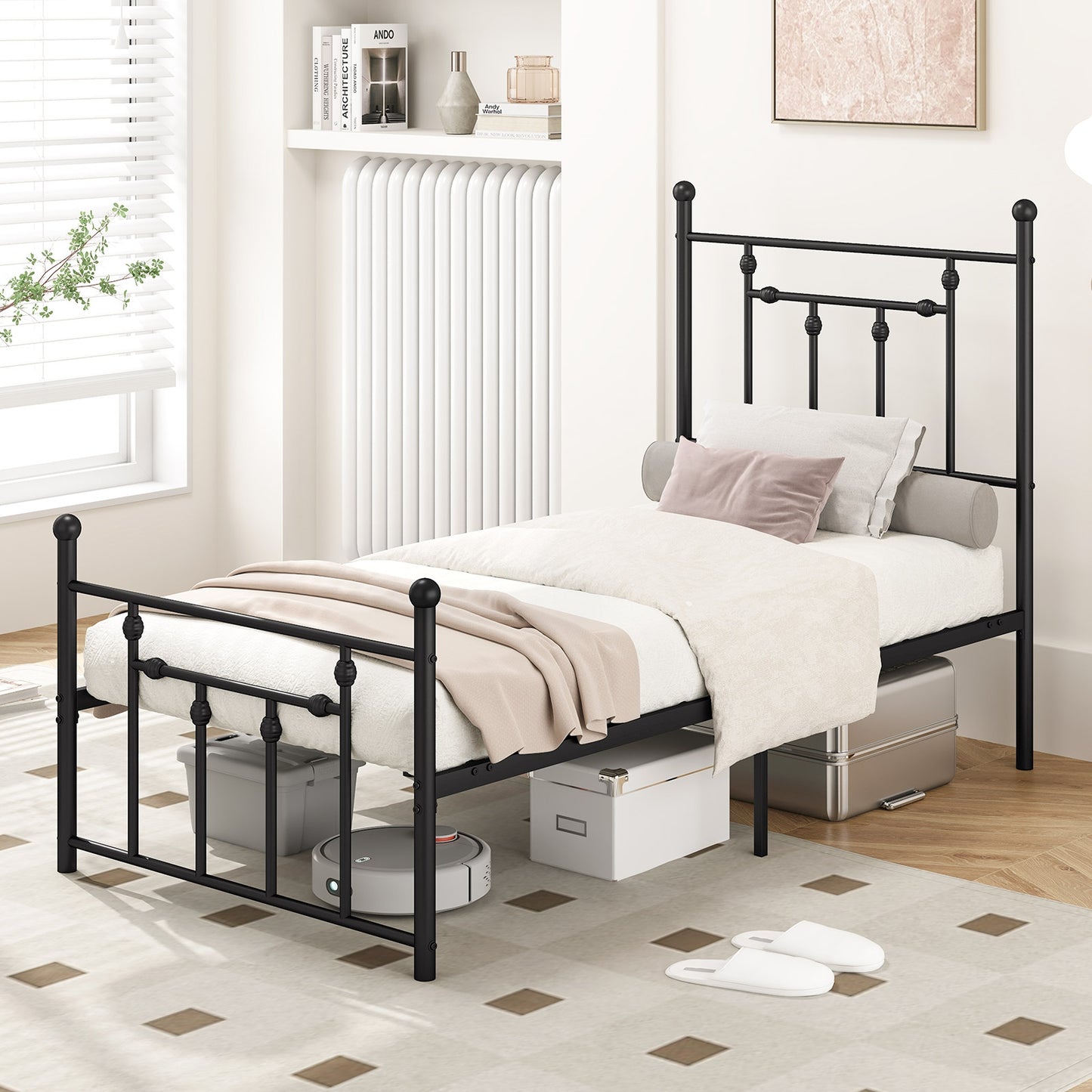 Black Metal Bed Frame with Slatted Base and Elevated Headboard, Twin Size