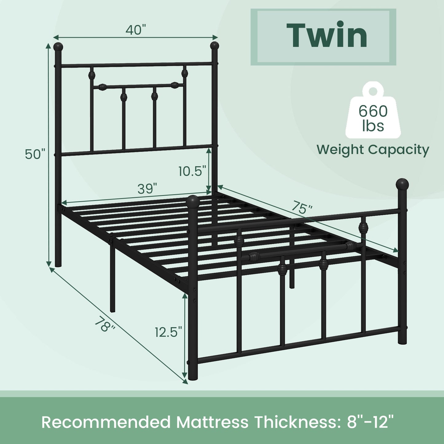 Black Metal Bed Frame with Slatted Base and Elevated Headboard, Twin Size