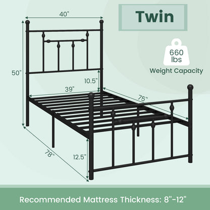 Black Metal Bed Frame with Slatted Base and Elevated Headboard, Twin Size