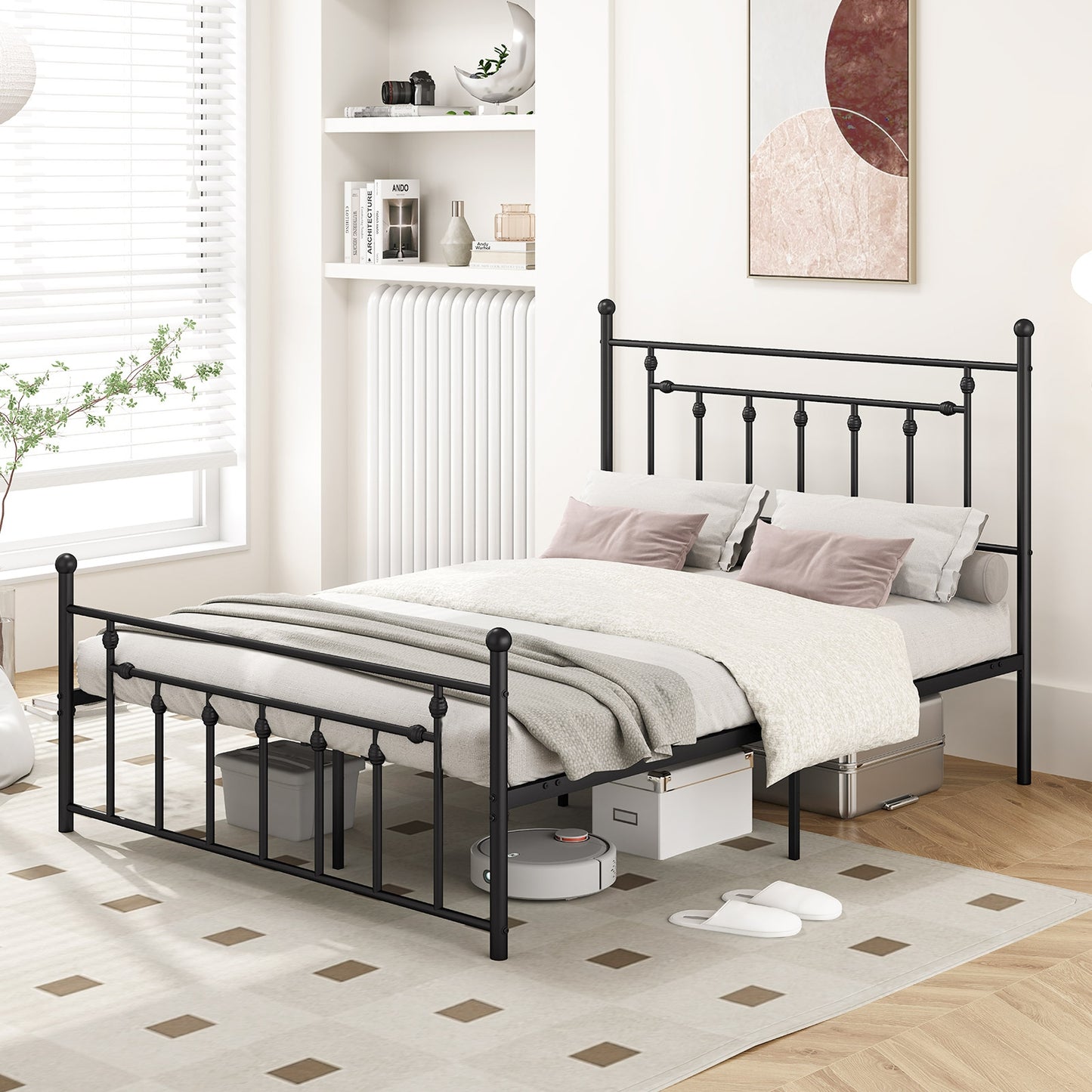 Black Metal Bed Frame with Slatted Base and Elevated Headboard, Queen Size