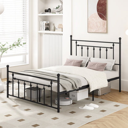 Black Metal Bed Frame with Slatted Base and Elevated Headboard, Queen Size