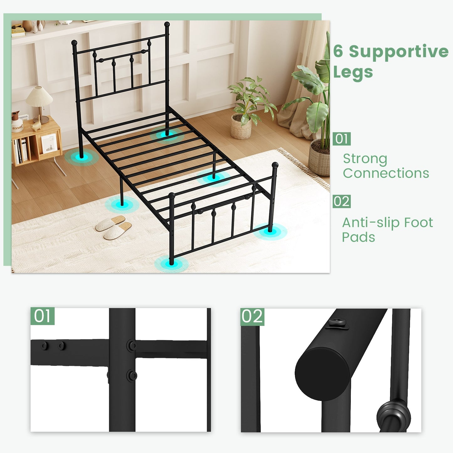 Black Metal Bed Frame with Slatted Base and Elevated Headboard, Twin Size