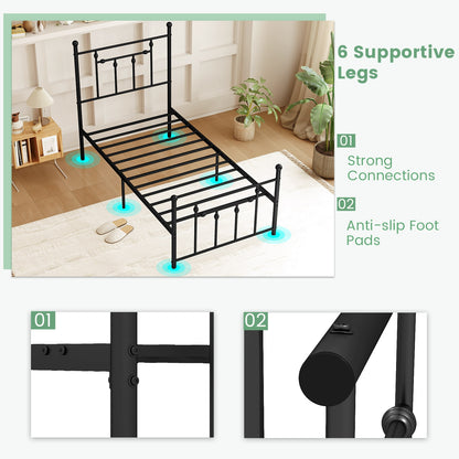 Black Metal Bed Frame with Slatted Base and Elevated Headboard, Twin Size