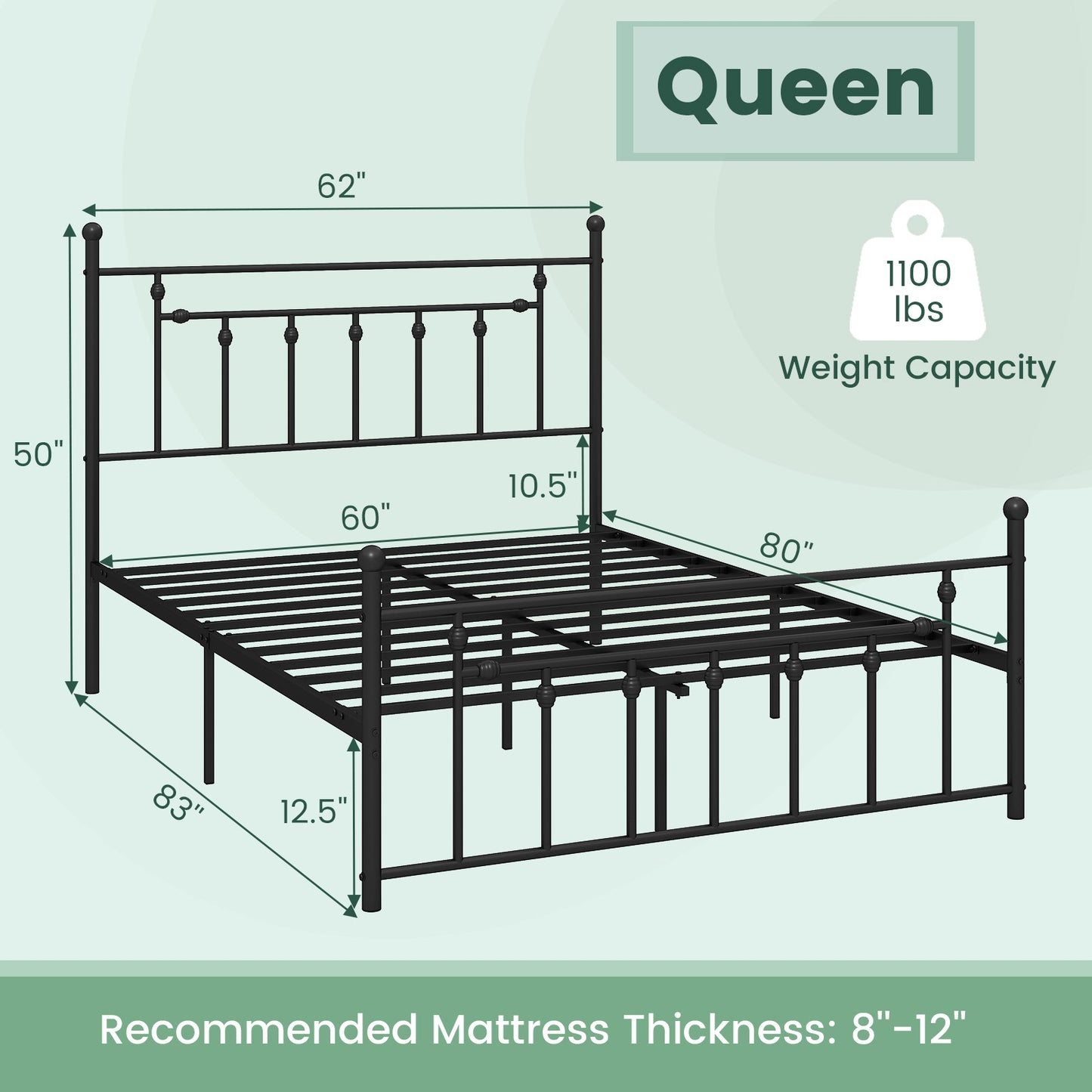 Black Metal Bed Frame with Slatted Base and Elevated Headboard, Queen Size