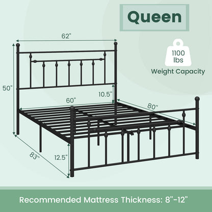 Black Metal Bed Frame with Slatted Base and Elevated Headboard, Queen Size