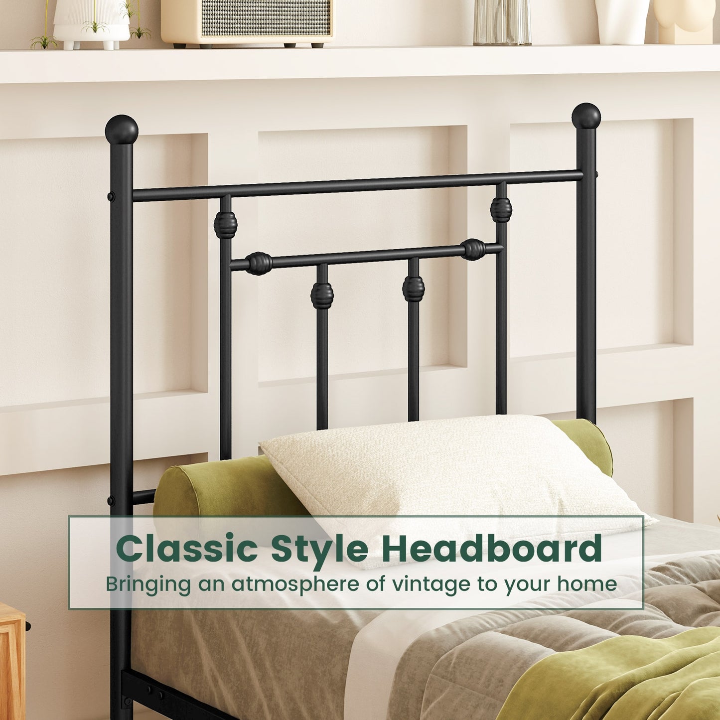 Black Metal Bed Frame with Slatted Base and Elevated Headboard, Twin Size