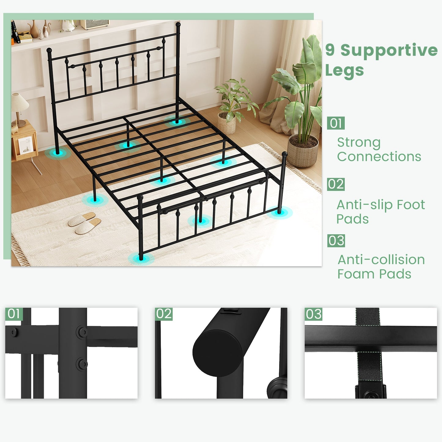 Black Metal Bed Frame with Slatted Base and Elevated Headboard, Queen Size