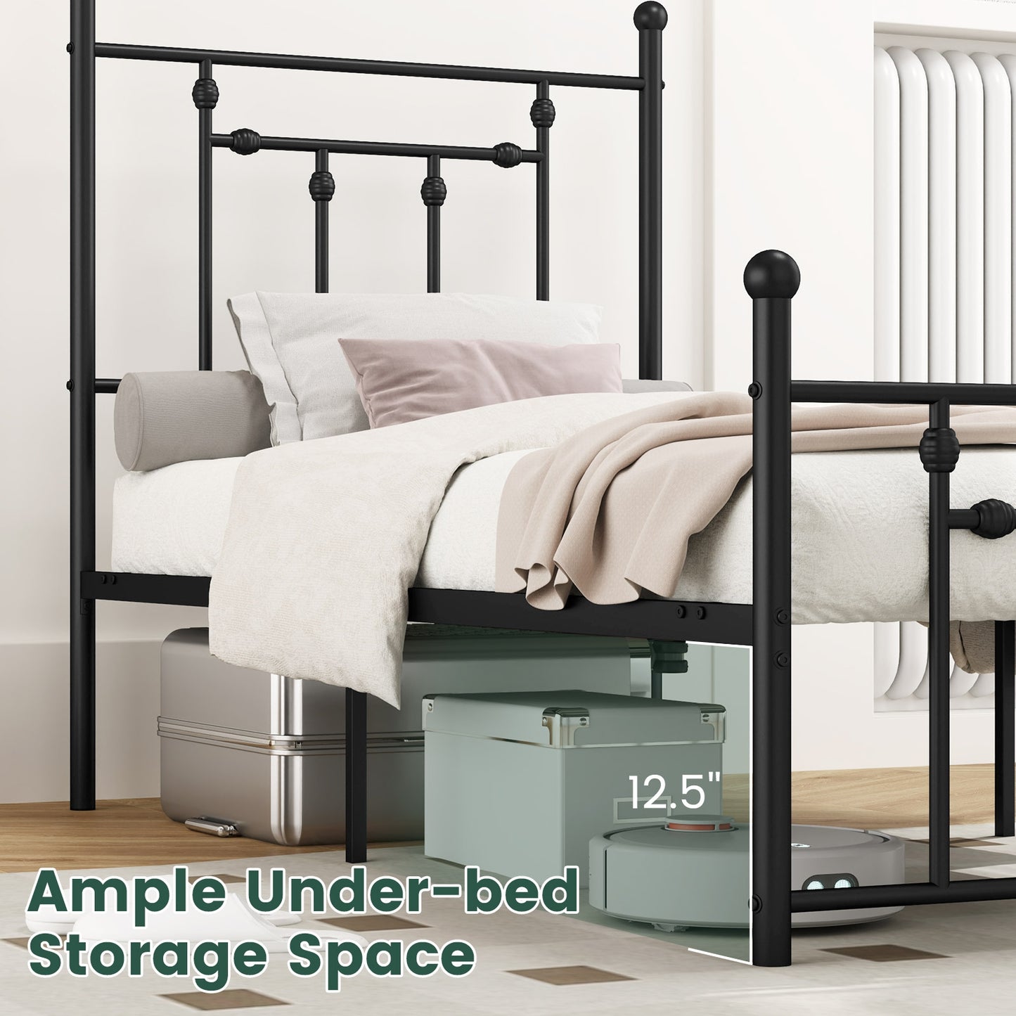 Black Metal Bed Frame with Slatted Base and Elevated Headboard, Twin Size