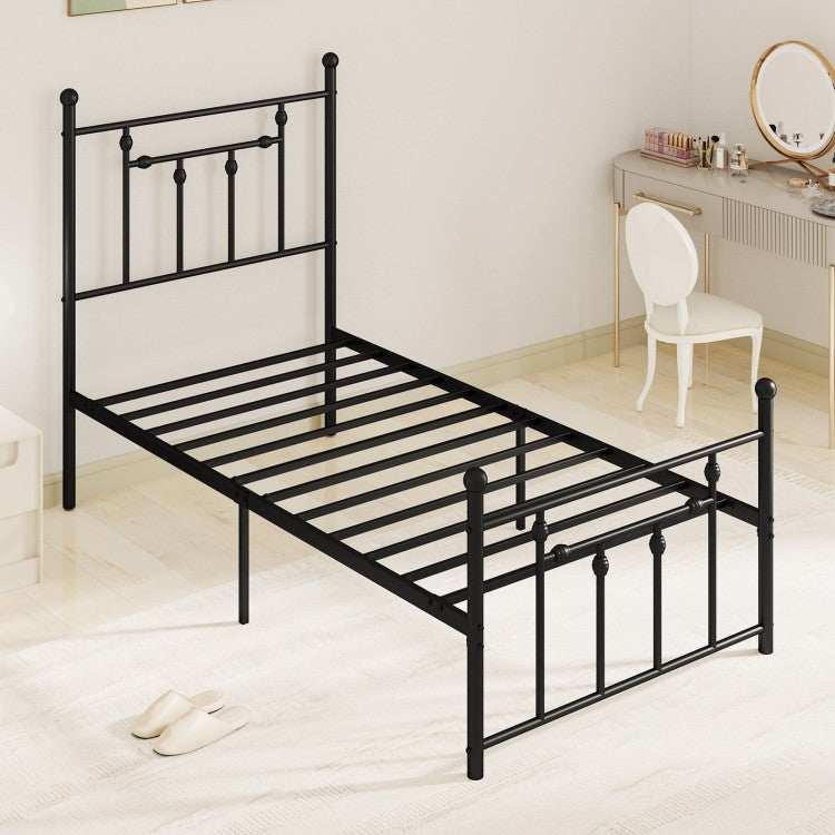 Black Metal Bed Frame with Slatted Base and Elevated Headboard, Twin Size