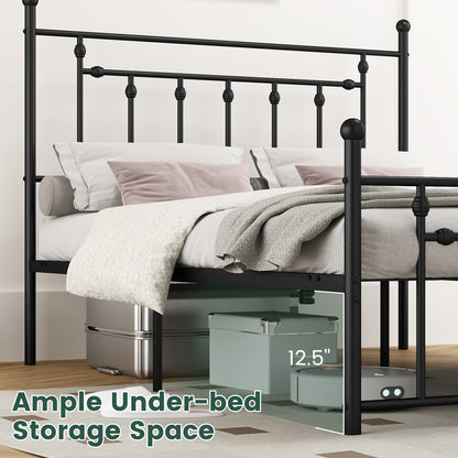 Black Metal Bed Frame with Slatted Base and Elevated Headboard, Queen Size