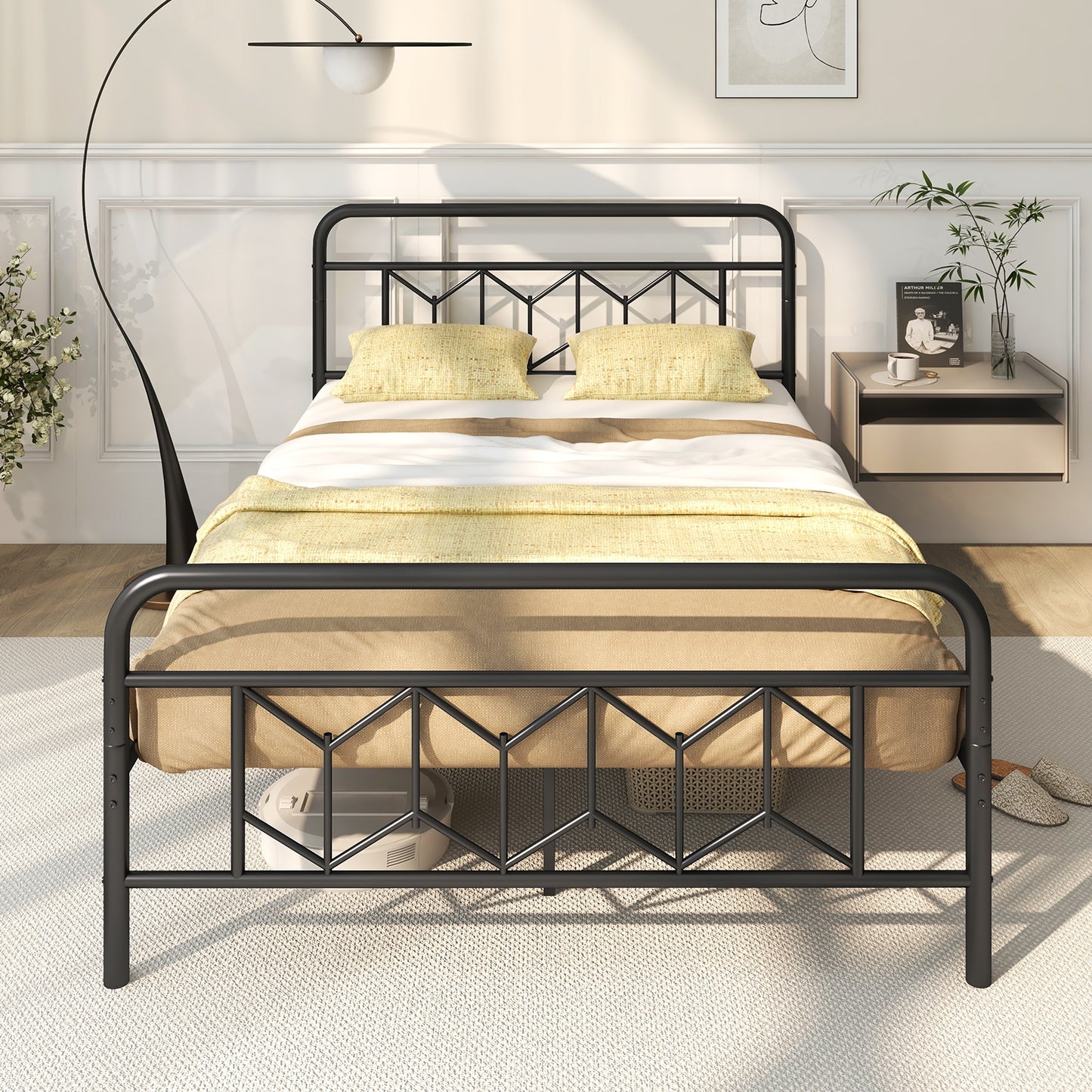 Modern Metal Platform Bed with Tall Graphic Headboard and Snap Lock Slats, Full Size