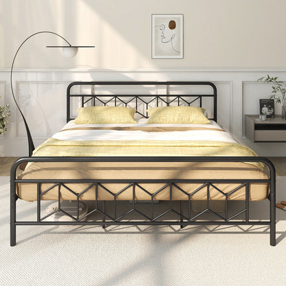 Modern Metal Platform Bed with Tall Graphic Headboard and Snap Lock Slats, King Size