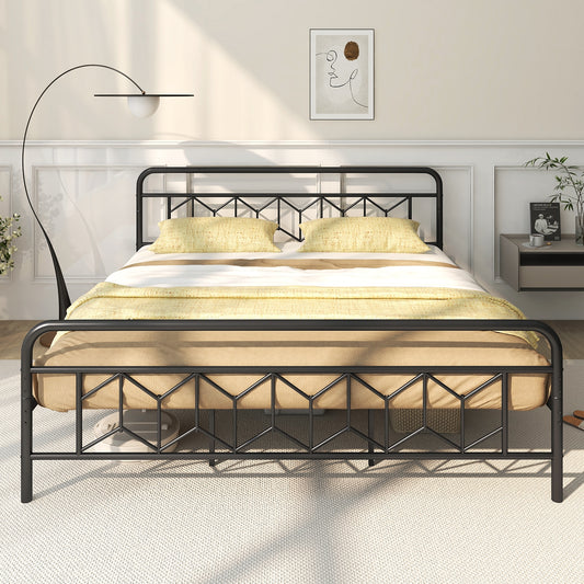 Modern Metal Platform Bed with Tall Graphic Headboard and Snap Lock Slats, King Size