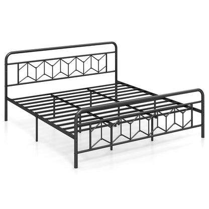 Modern Metal Platform Bed with Tall Graphic Headboard and Snap Lock Slats, King Size