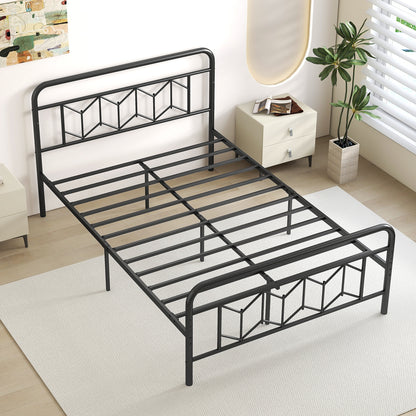 Modern Metal Platform Bed with Tall Graphic Headboard and Snap Lock Slats, Full Size