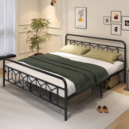 Modern Metal Platform Bed with Tall Graphic Headboard and Snap Lock Slats, King Size