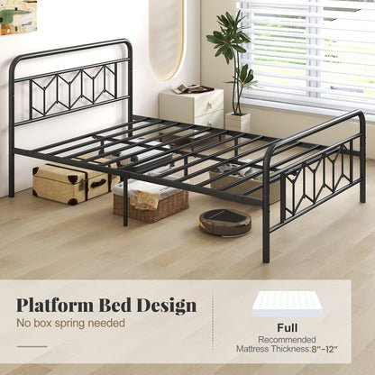 Modern Metal Platform Bed with Tall Graphic Headboard and Snap Lock Slats, Full Size