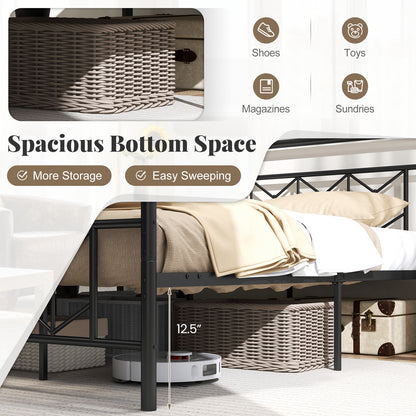 Modern Metal Platform Bed with Tall Graphic Headboard and Snap Lock Slats, King Size