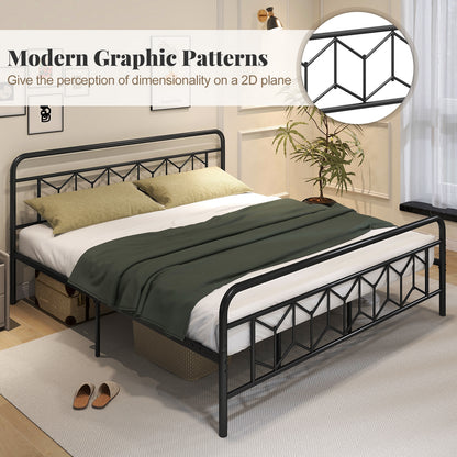 Modern Metal Platform Bed with Tall Graphic Headboard and Snap Lock Slats, King Size