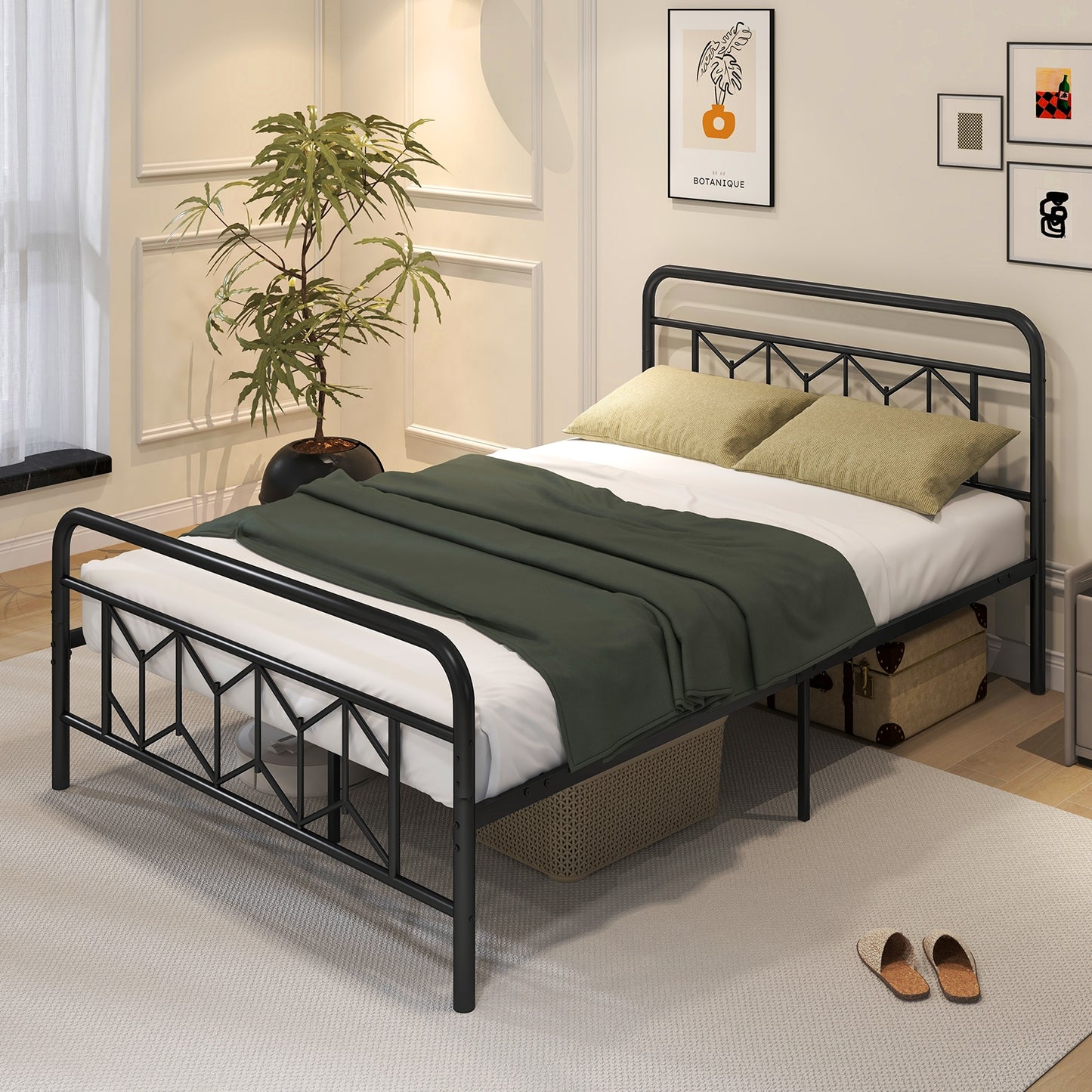 Modern Metal Platform Bed with Tall Graphic Headboard and Snap Lock Slats, Full Size