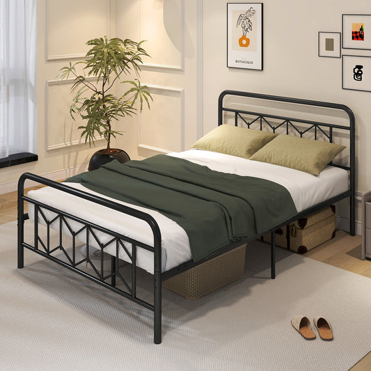 Modern Metal Platform Bed with Tall Graphic Headboard and Snap Lock Slats, Full Size