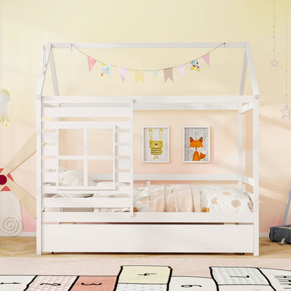 Wooden Twin Size House Bed with Trundle, Roof & Guardrails - White