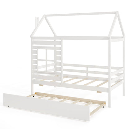 Wooden Twin Size House Bed with Trundle, Roof & Guardrails - White