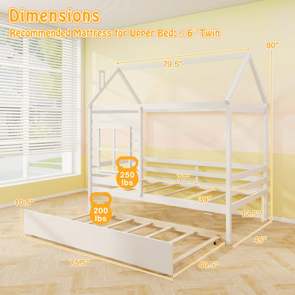 Wooden Twin Size House Bed with Trundle, Roof & Guardrails - White