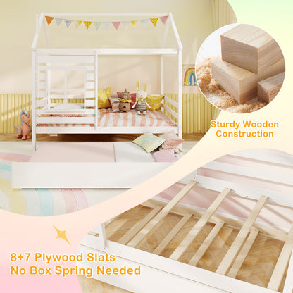 Wooden Twin Size House Bed with Trundle, Roof & Guardrails - White