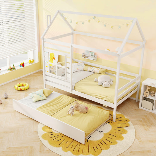 Wooden Twin Size House Bed with Trundle, Roof & Guardrails - White